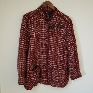 Carole Little Woman Silk Tweed Blazer Jacket Burgundy Red Cream Size 1X